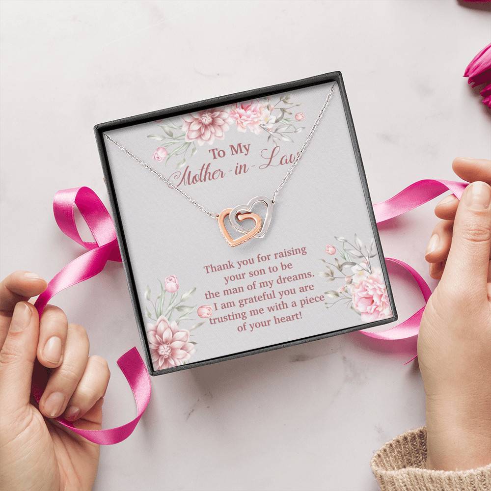 To My Mother in Law Thank You for Raising Your Son to Be the Man of My Dreams Interlocking Hearts Pendant Necklace To My Mother in Law Thank You for Raising Your Son to Be the Man of My Dreams Interlocking Hearts Pendant Necklace