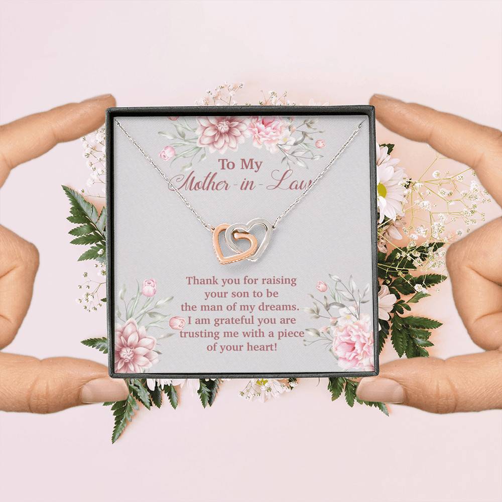 To My Mother in Law Thank You for Raising Your Son to Be the Man of My Dreams Interlocking Hearts Pendant Necklace To My Mother in Law Thank You for Raising Your Son to Be the Man of My Dreams Interlocking Hearts Pendant Necklace