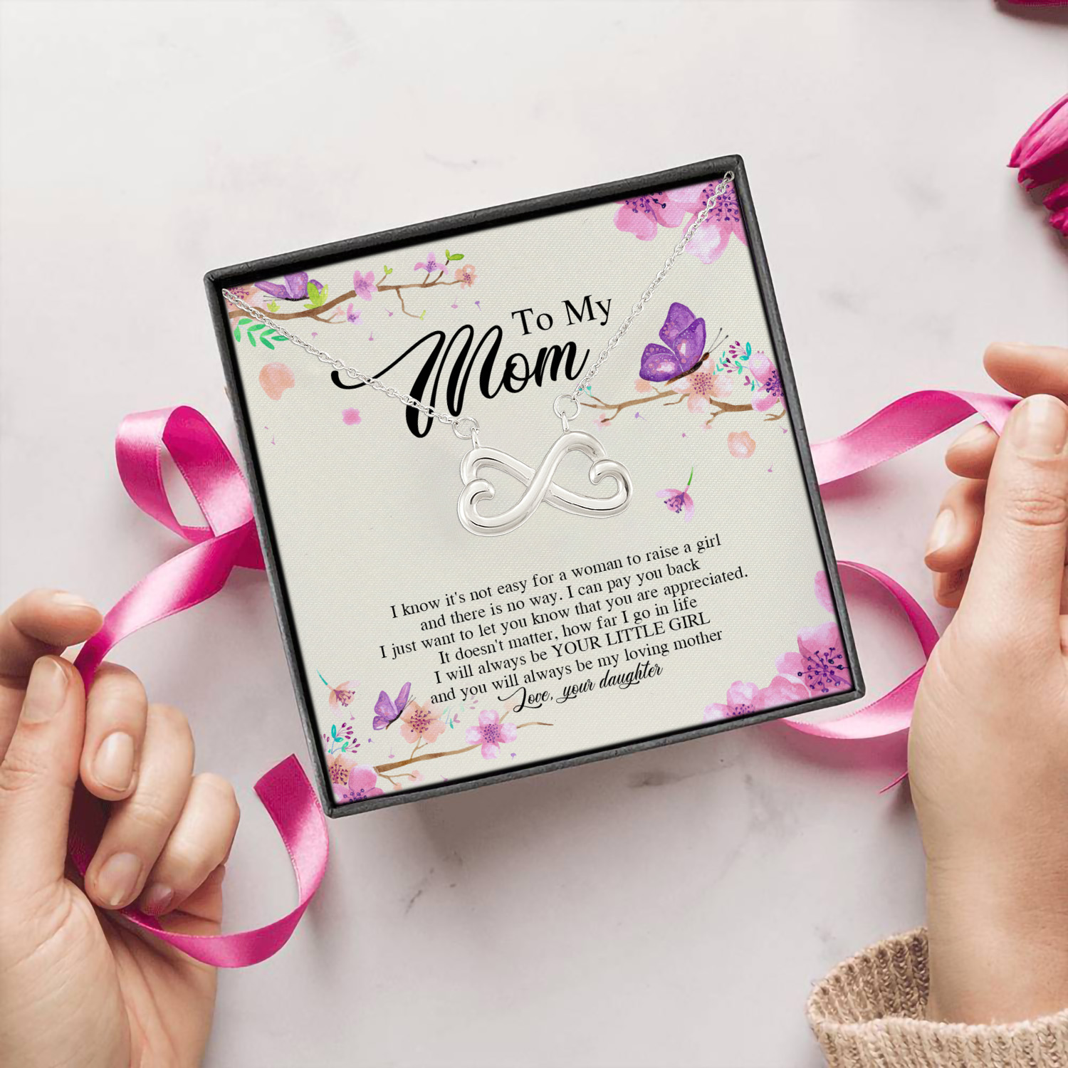 1O. To My Mom I Know Butterfly-CARD Infinity Heart Necklace (Silver) 5