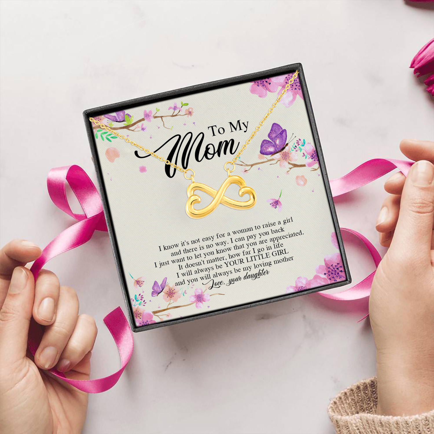 1O. To My Mom I Know Butterfly-CARD Infinity Heart Necklace (Gold) 5