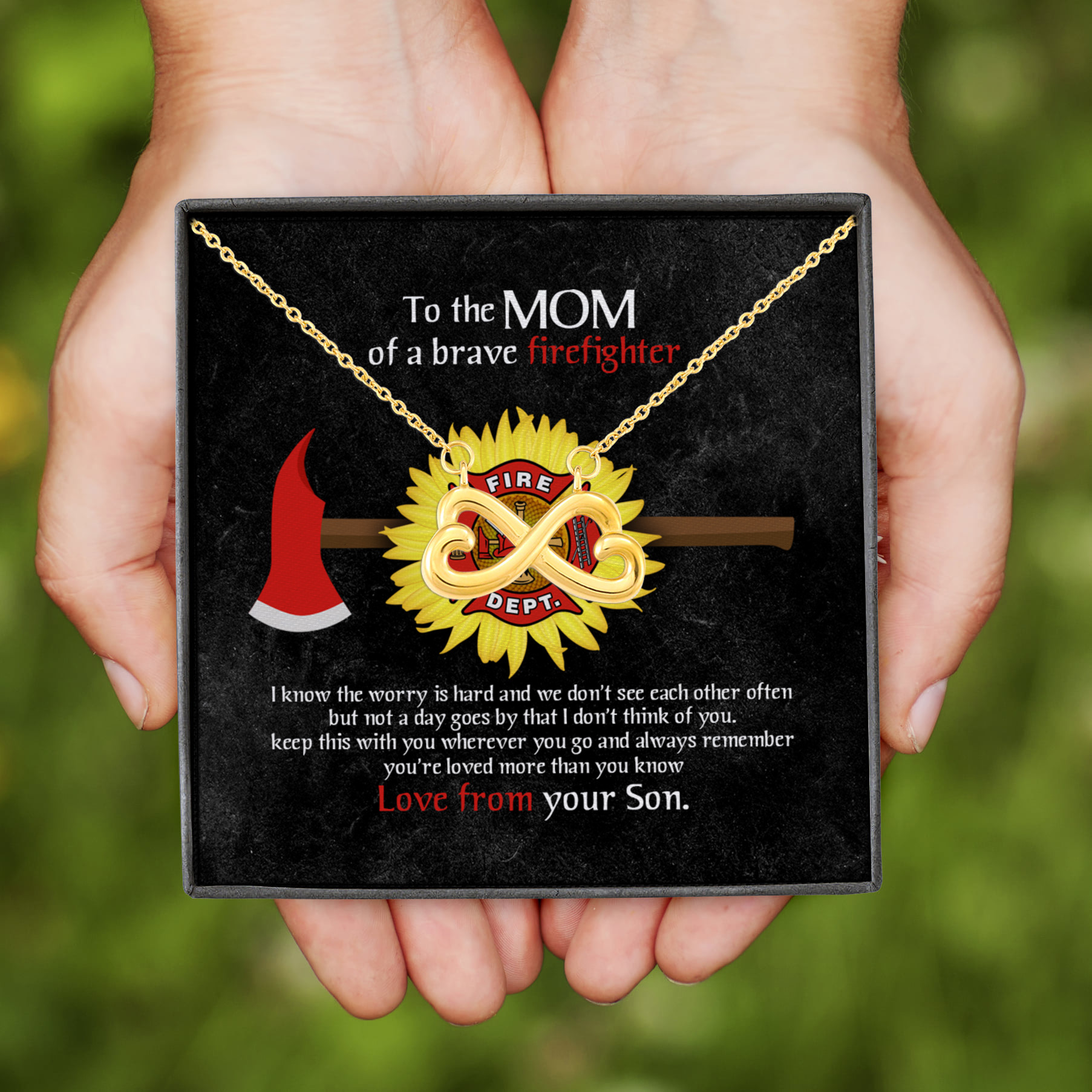 12VT. To The Mom Of Brave Firefighter Infinity Heart Necklace (Gold)