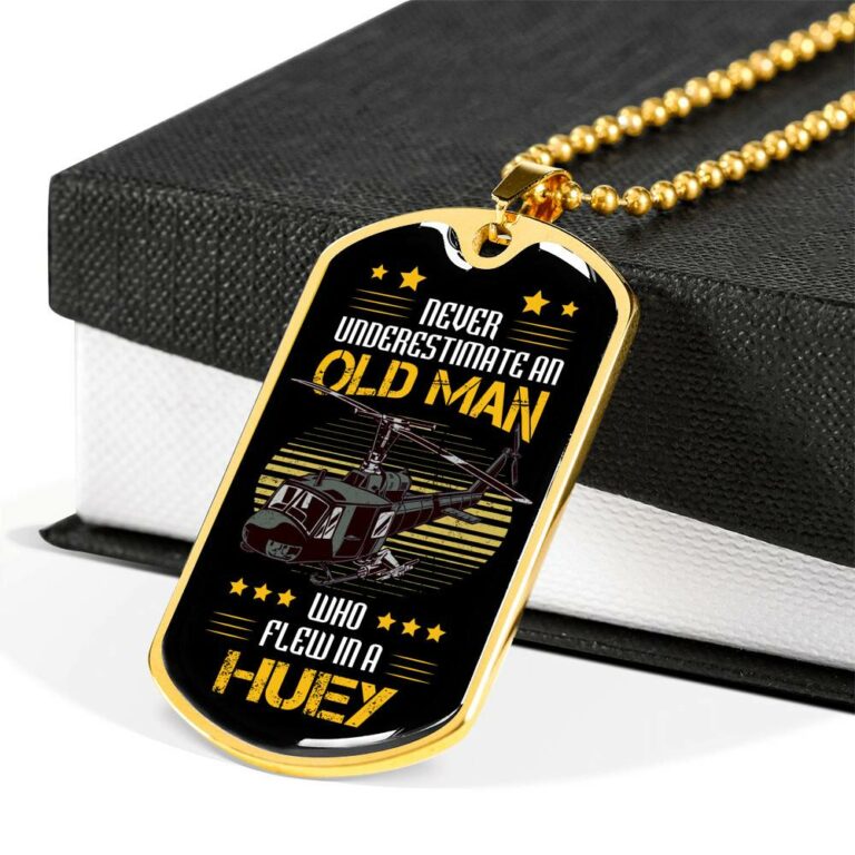 Never Underestimate An Old Man Who Flew In A Huey Dog Tag Pendant Necklace