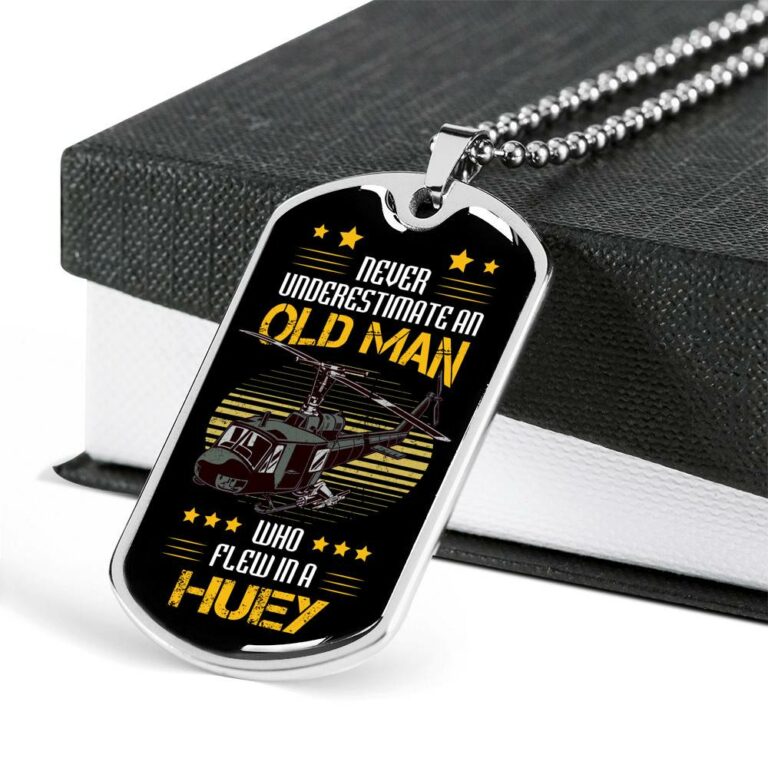 Never Underestimate An Old Man Who Flew In A Huey Dog Tag Pendant Necklace
