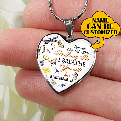 Alternative view of Personalized As Long As I Breathe You Will Be Remembered Heart Pendant Necklace - Memorial Customized Necklace