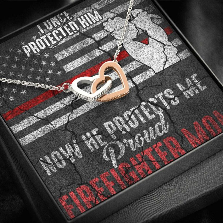 I Once Protected Him Now He Protects Me Proud Firefighter Mom American Flag Interlocking Hearts Pendant Necklace