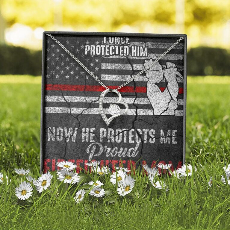 I Once Protected Him Now He Protects Me Proud Firefighter Mom American Flag Forever Love Pendant Necklace
