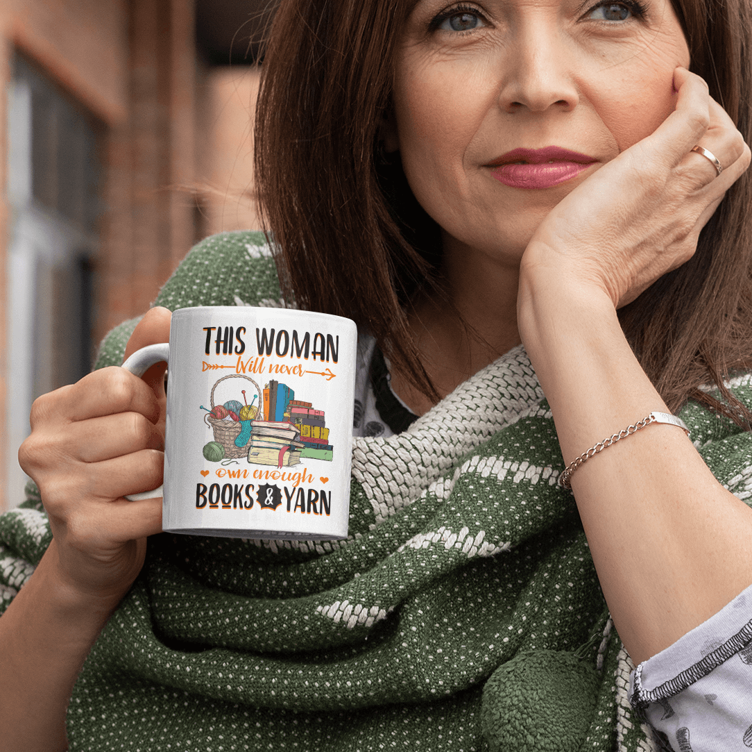 4KNG. never enough This Woman Will Never Own Enough Books and Yarn Ceramic Coffee Mug - Beer Stein - Water Bottle