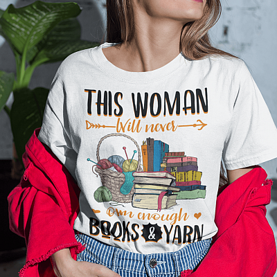 Alternative view of This Woman Will Never Own Enough Books and Yarn T-Shirt - V-Neck Tee - Knitting Shirt