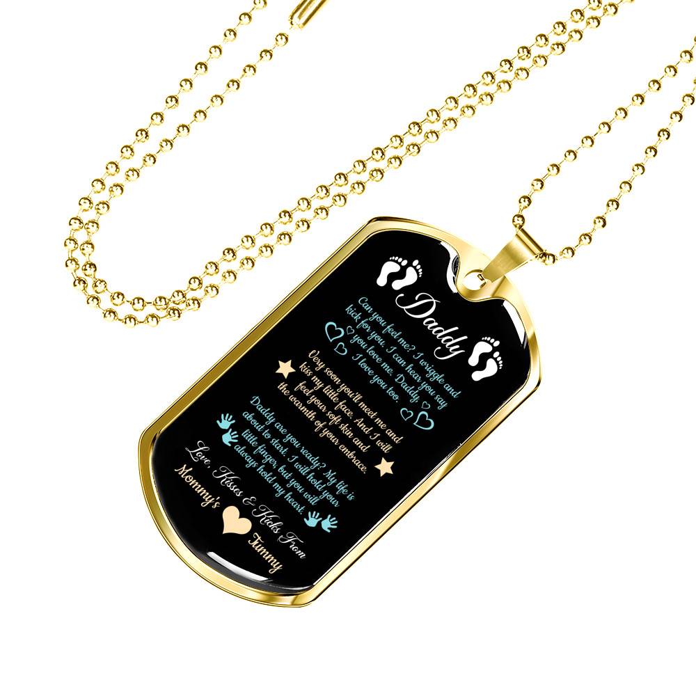 Daddy From Baby Bump Can You Feel Me I Am Wriggle And Kick Dog Tag Pendant Necklace - First Time Dad Gift - Dog Tag (Gold Plated)