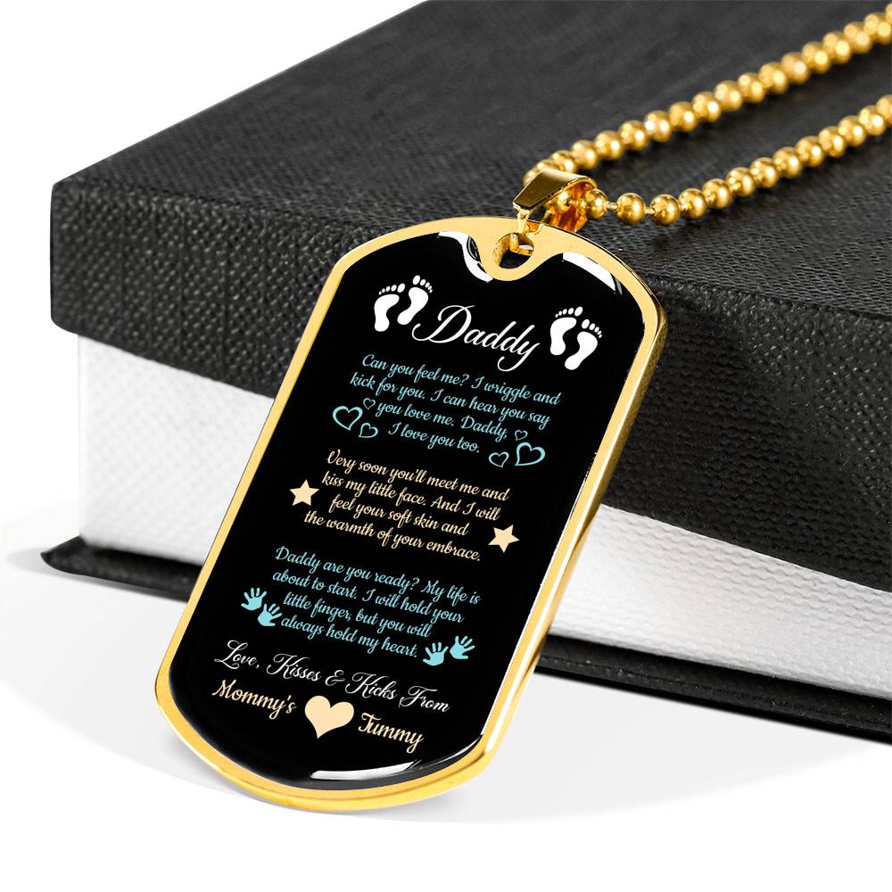 Daddy From Baby Bump Can You Feel Me I Am Wriggle And Kick Dog Tag Pendant Necklace - First Time Dad Gift - Dog Tag (Gold Plated)