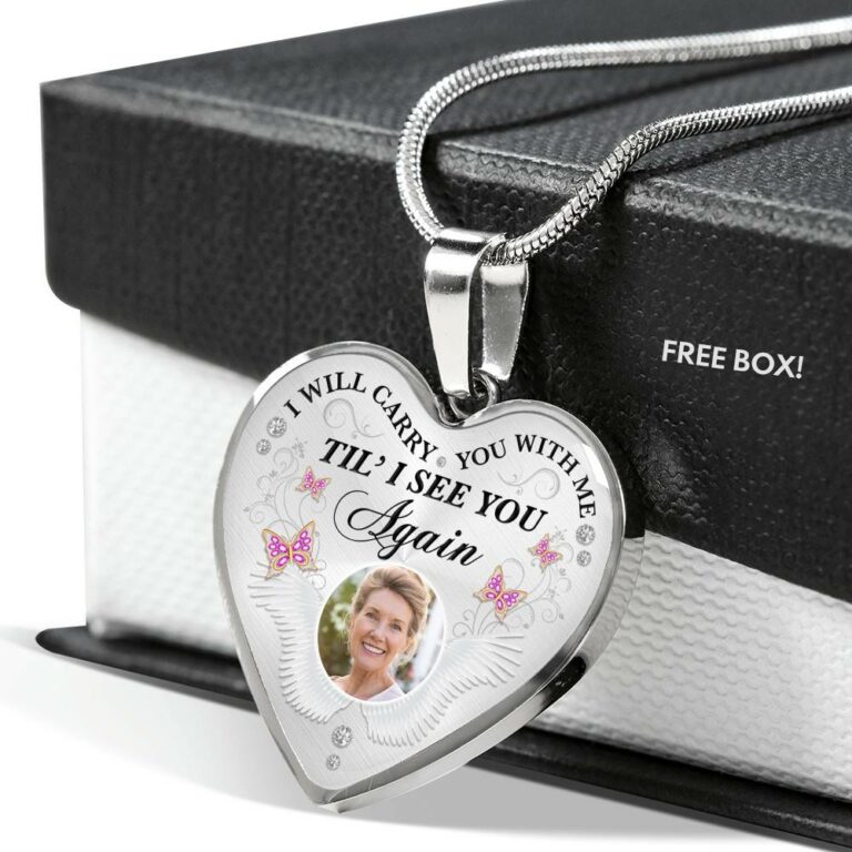 Personalized Custom Photo I Will Carry You With Me Till I See You Again Memorial Picture Heart Pendant Necklace