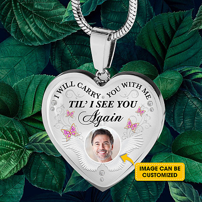 Alternative view of Personalized Custom Photo I Will Carry You With Me Till I See You Again Memorial Picture Heart Pendant Necklace