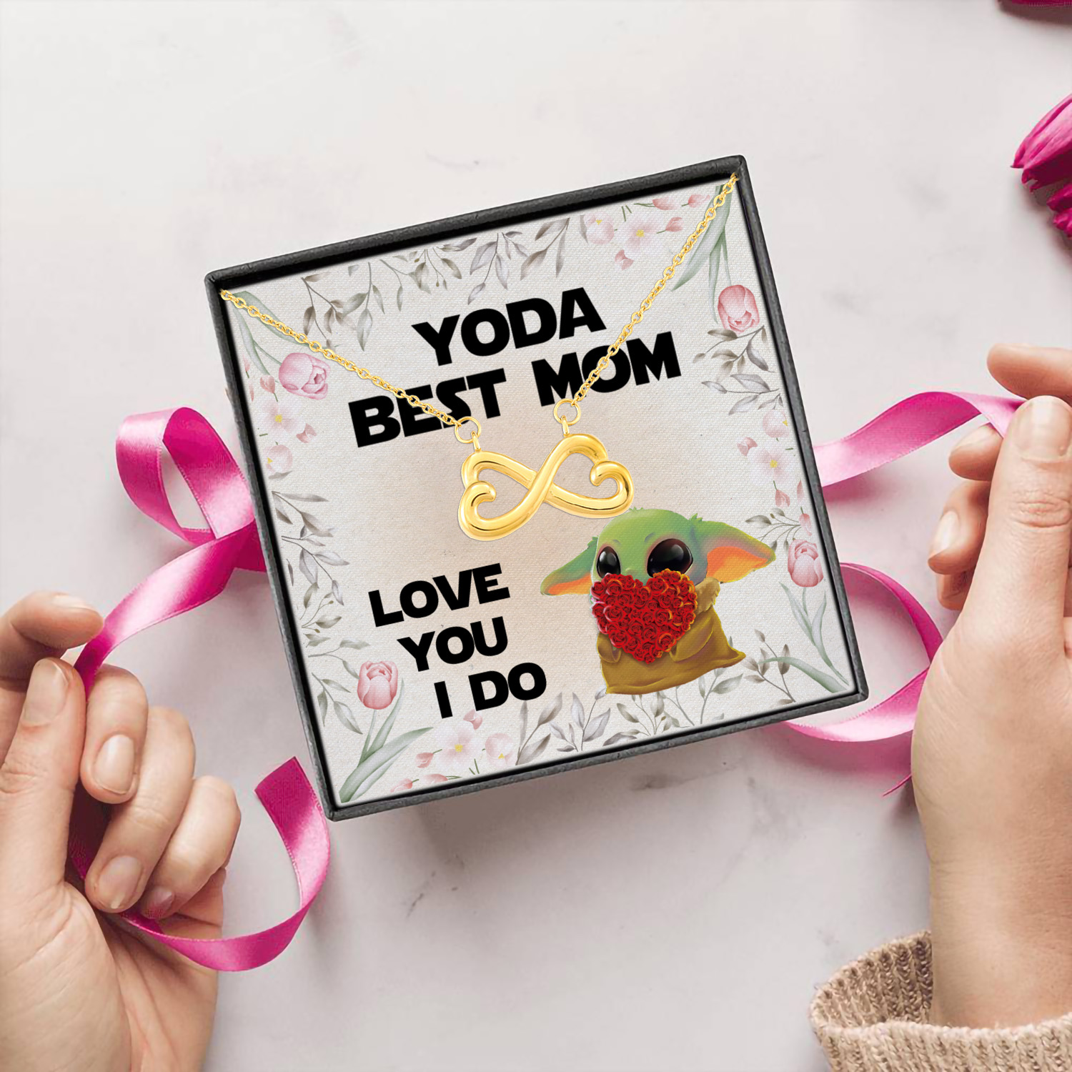 10BN uu tien. Yoda Best Mom -message card Infinity Heart Necklace (Gold) 5