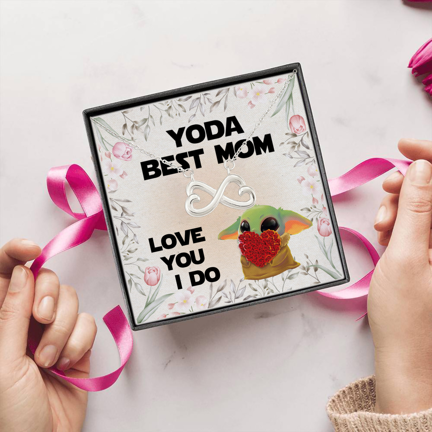 10BN uu tien. Yoda Best Mom -message card Infinity Heart Necklace (Silver) 5