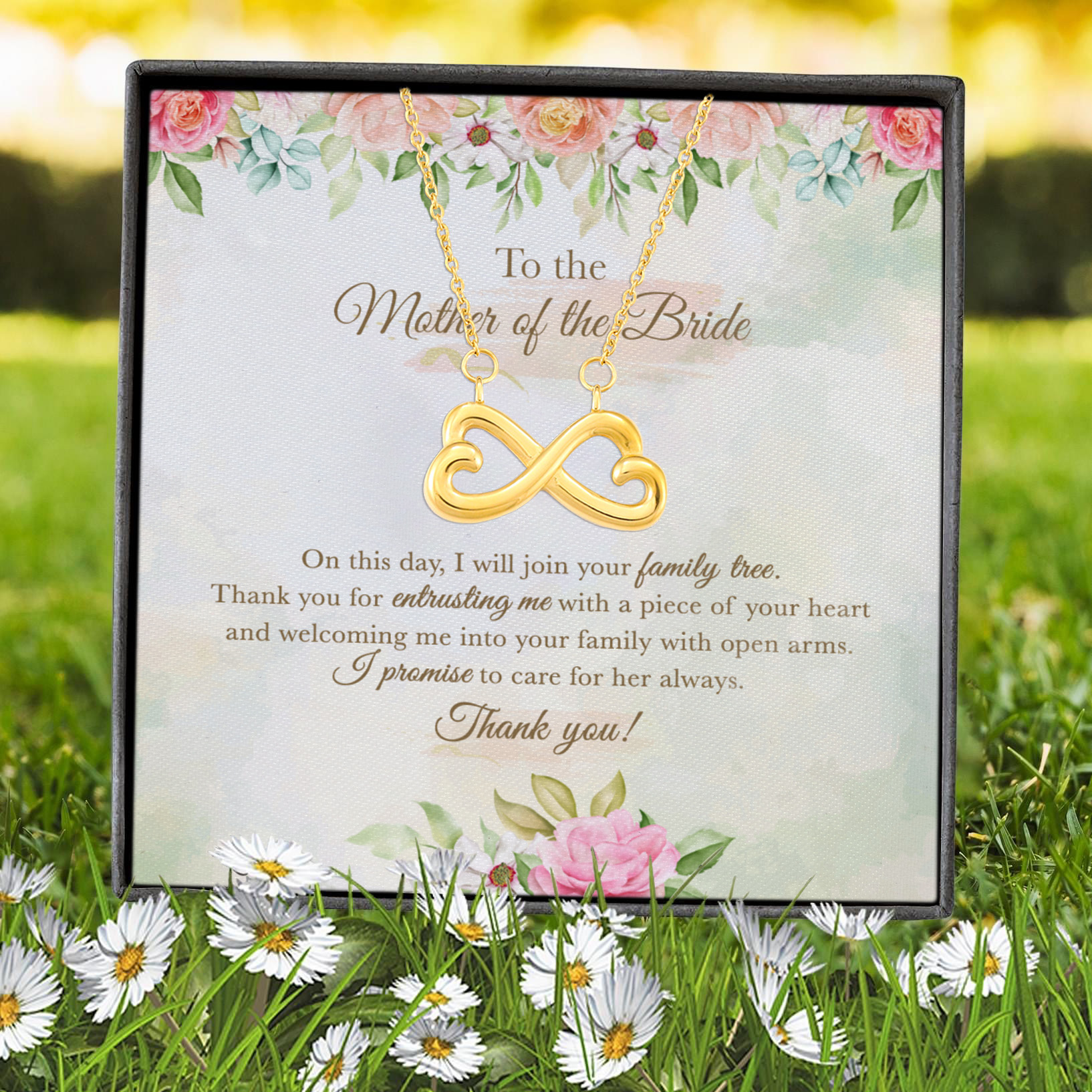 7VT. To The Mother Of The Bride Join Family Tree Infinity Heart Necklace (Gold) 7