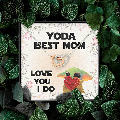 Baby Yoda Best Mom Love You I Do Joined Interlocking Hearts Pendant Necklace - Yoda Mother's Day Necklace