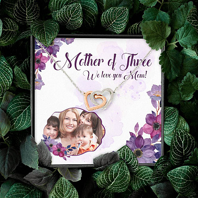 Personalized Photo Mother Of Three We Love You Mom Custom Image Interlocking Hearts Pendant Necklace