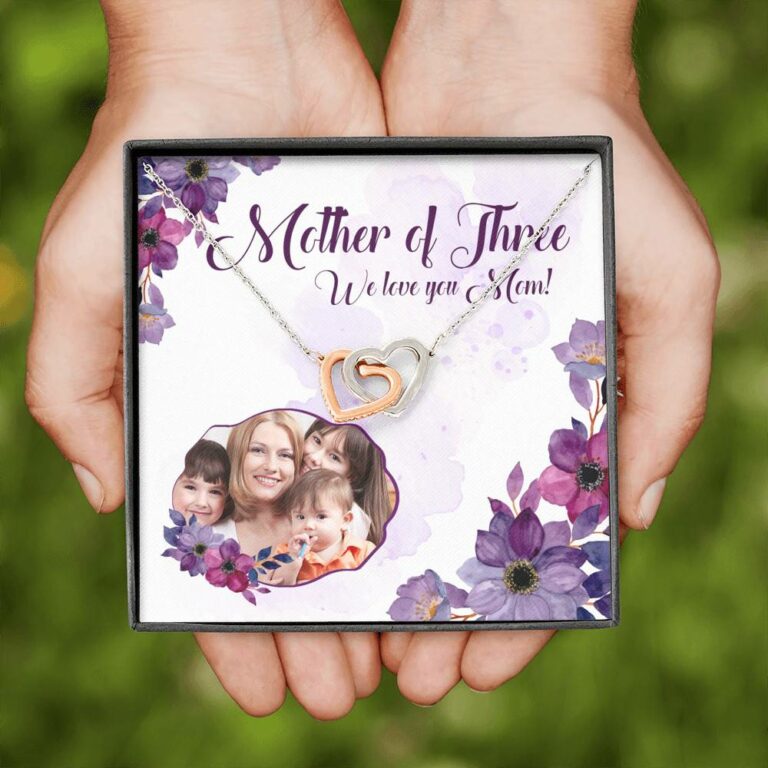Personalized Photo Mother Of Three We Love You Mom Custom Image Interlocking Hearts Pendant Necklace
