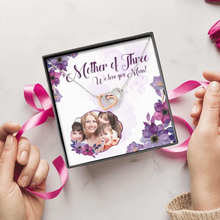 Personalized Photo Mother Of Three We Love You Mom Custom Image Interlocking Hearts Pendant Necklace