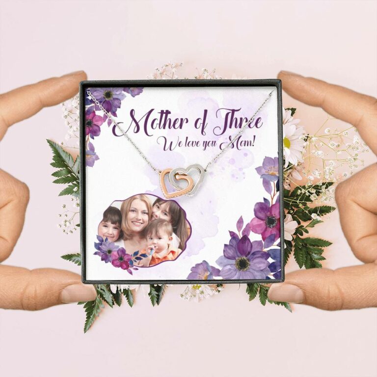 Personalized Photo Mother Of Three We Love You Mom Custom Image Interlocking Hearts Pendant Necklace