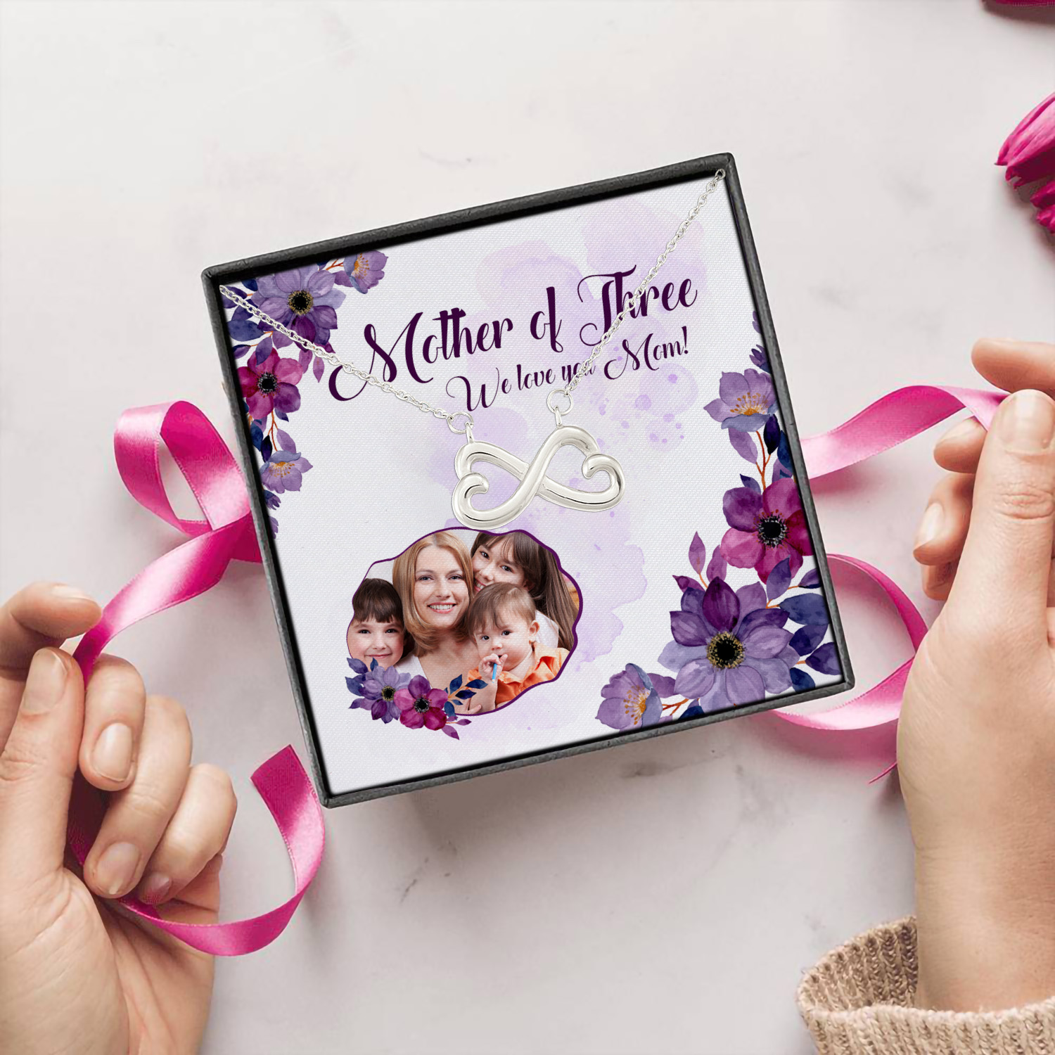 4O. Mother Of Three-sample design Infinity Heart Necklace (Silver) 5