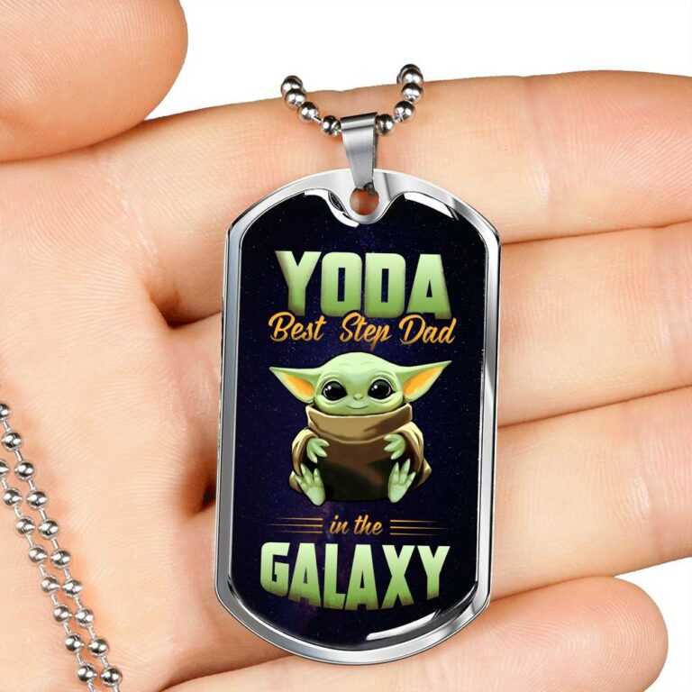 Funny Green Baby Alien You Da Best Step Dad in the Galaxy Father's Day Dog Tag Pendant Necklace