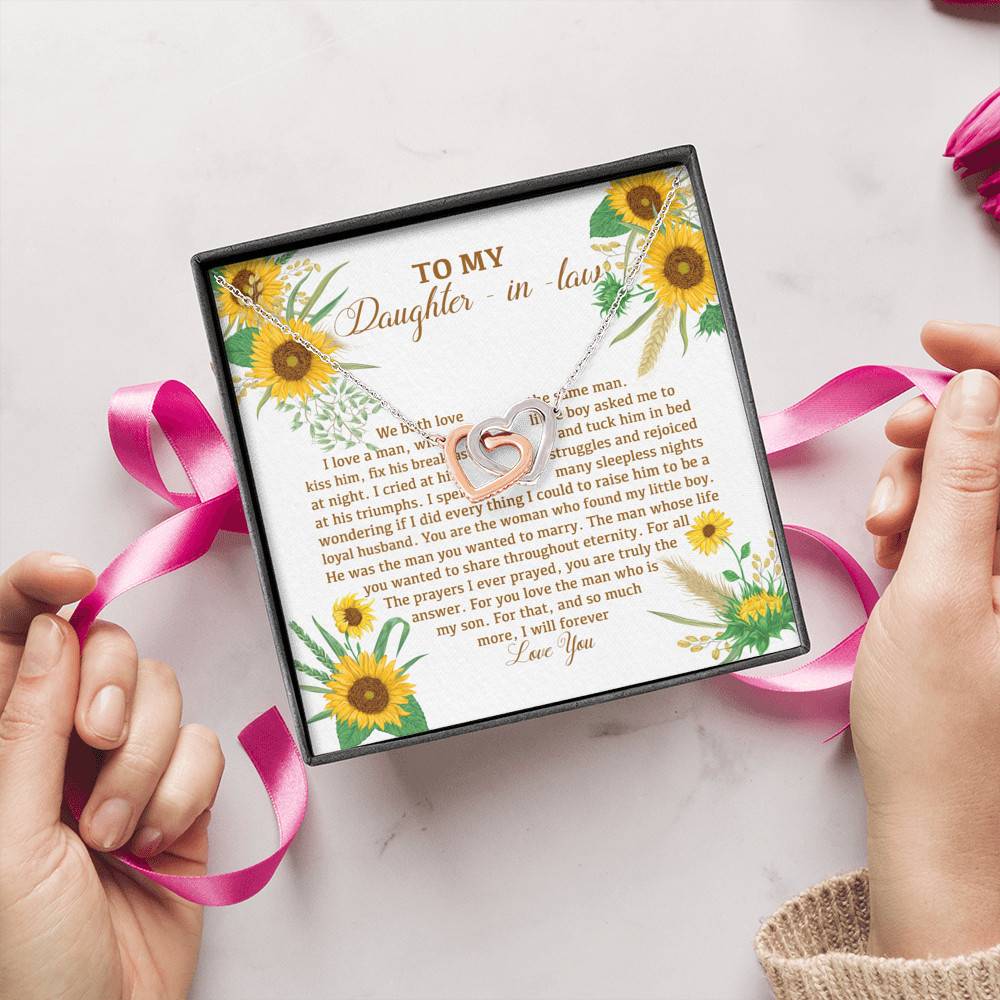 To My Daughter In Law We Both Love The Same Man I Will Forever Love You Sunflower Interlocking Hearts Pendant Necklace To My Daughter In Law We Both Love The Same Man I Will Forever Love You Sunflower Interlocking Hearts Pendant Necklace