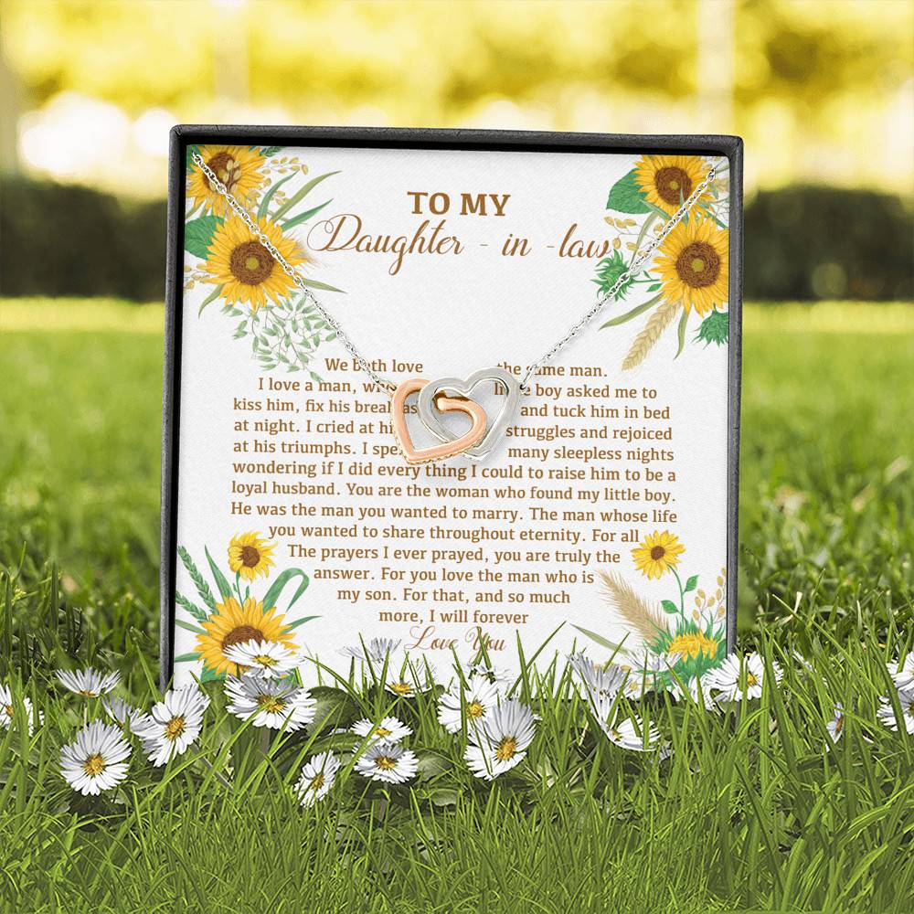 To My Daughter In Law We Both Love The Same Man I Will Forever Love You Sunflower Interlocking Hearts Pendant Necklace To My Daughter In Law We Both Love The Same Man I Will Forever Love You Sunflower Interlocking Hearts Pendant Necklace