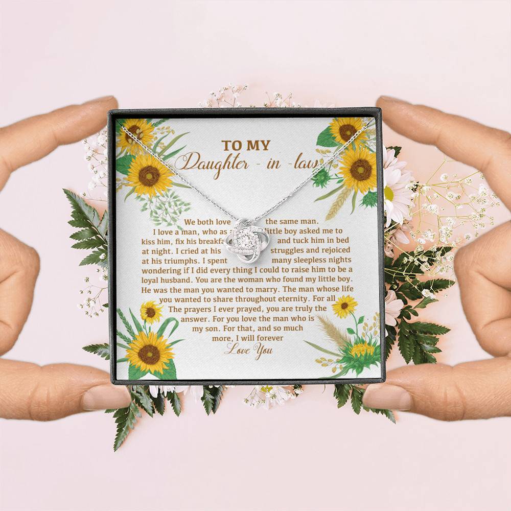 To My Daughter In Law We Both Love The Same Man I Will Forever Love You Sunflower Love Knot Necklace