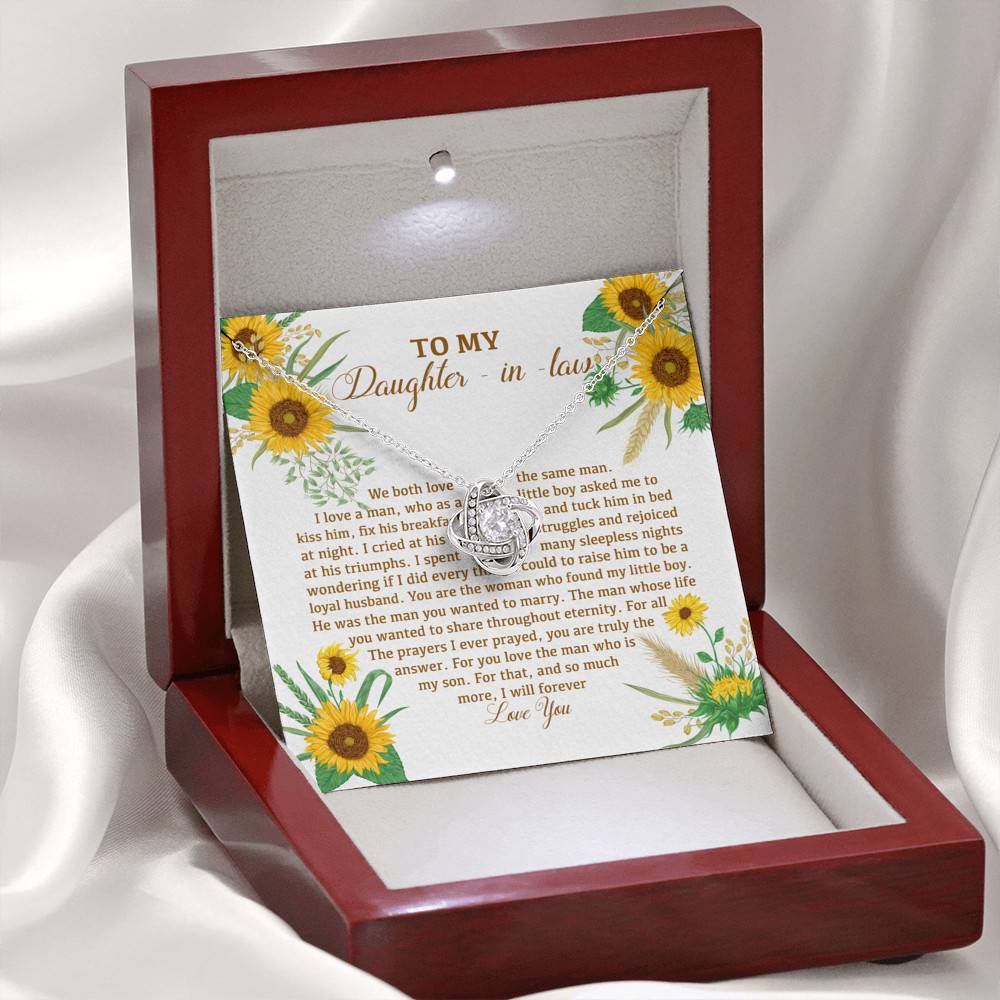 To My Daughter In Law We Both Love The Same Man I Will Forever Love You Sunflower Love Knot Necklace