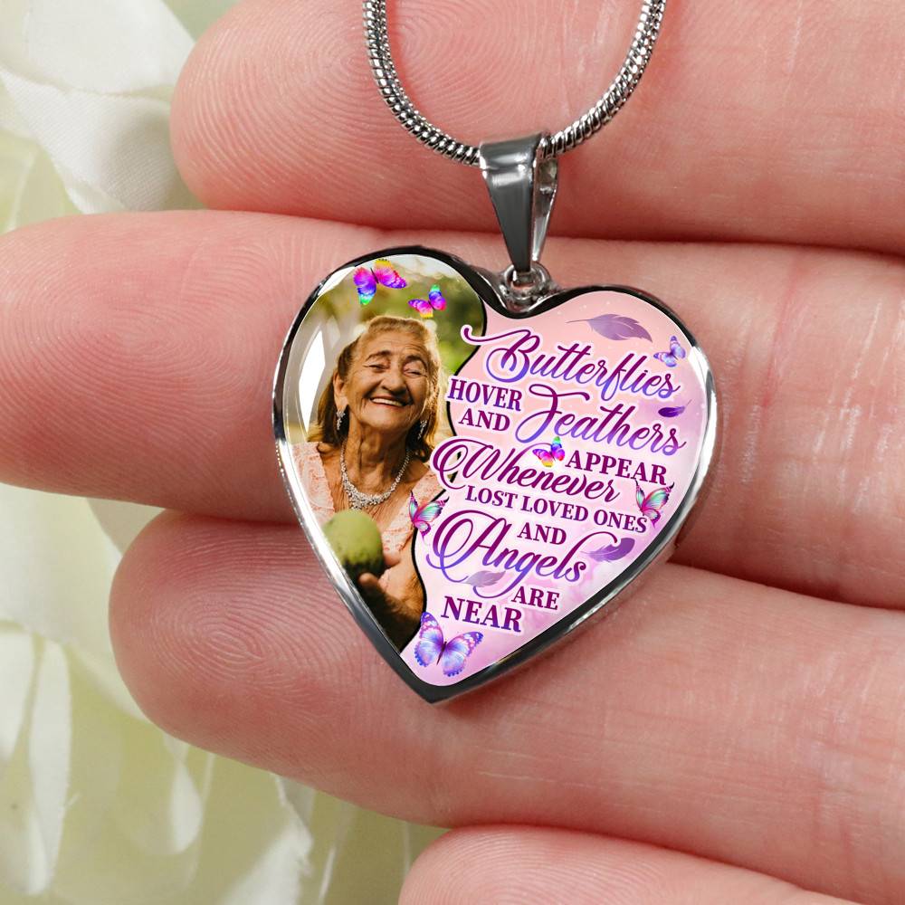 Personalized Photo Butterfly Hover And Feathers Appear Whenever Lost Loved Ones Heart Pendant Necklace