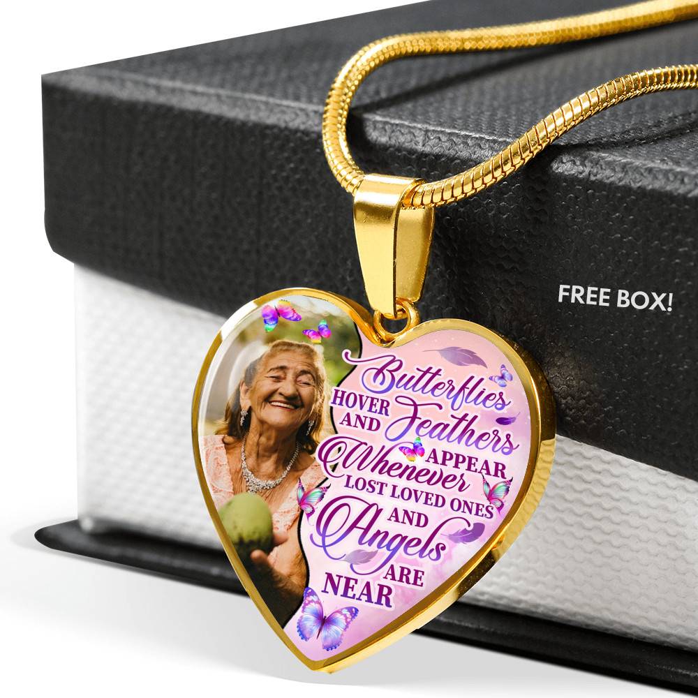 Personalized Photo Butterfly Hover And Feathers Appear Whenever Lost Loved Ones Heart Pendant Necklace