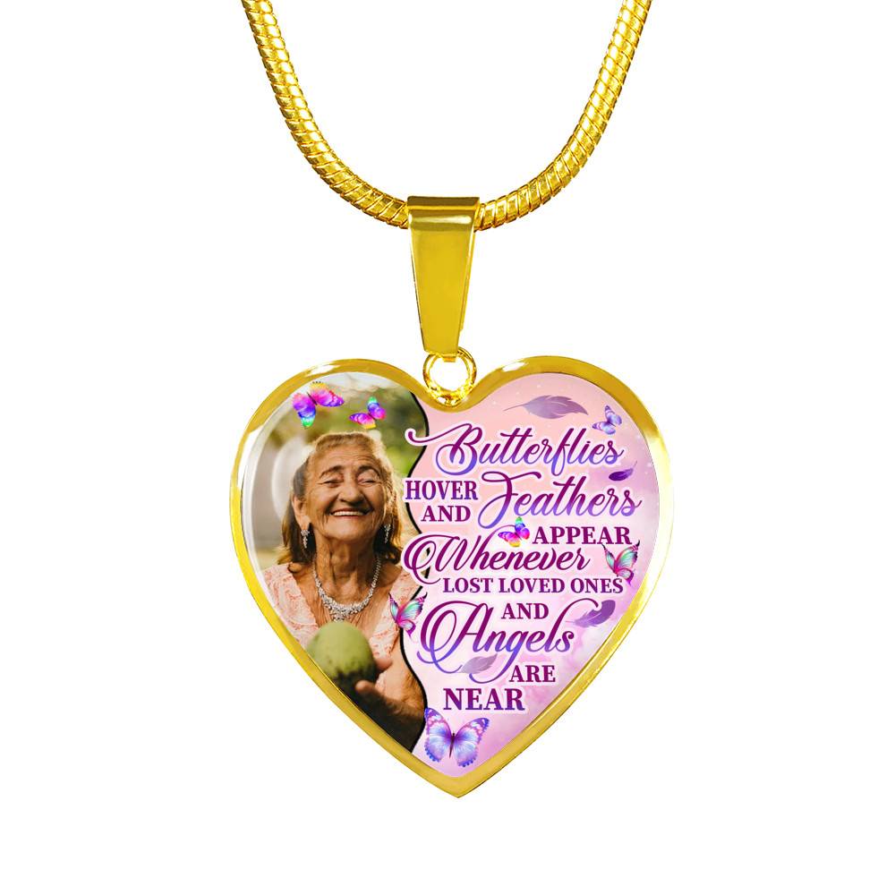 Personalized Photo Butterfly Hover And Feathers Appear Whenever Lost Loved Ones Heart Pendant Necklace
