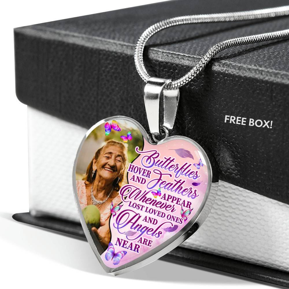 Personalized Photo Butterfly Hover And Feathers Appear Whenever Lost Loved Ones Heart Pendant Necklace