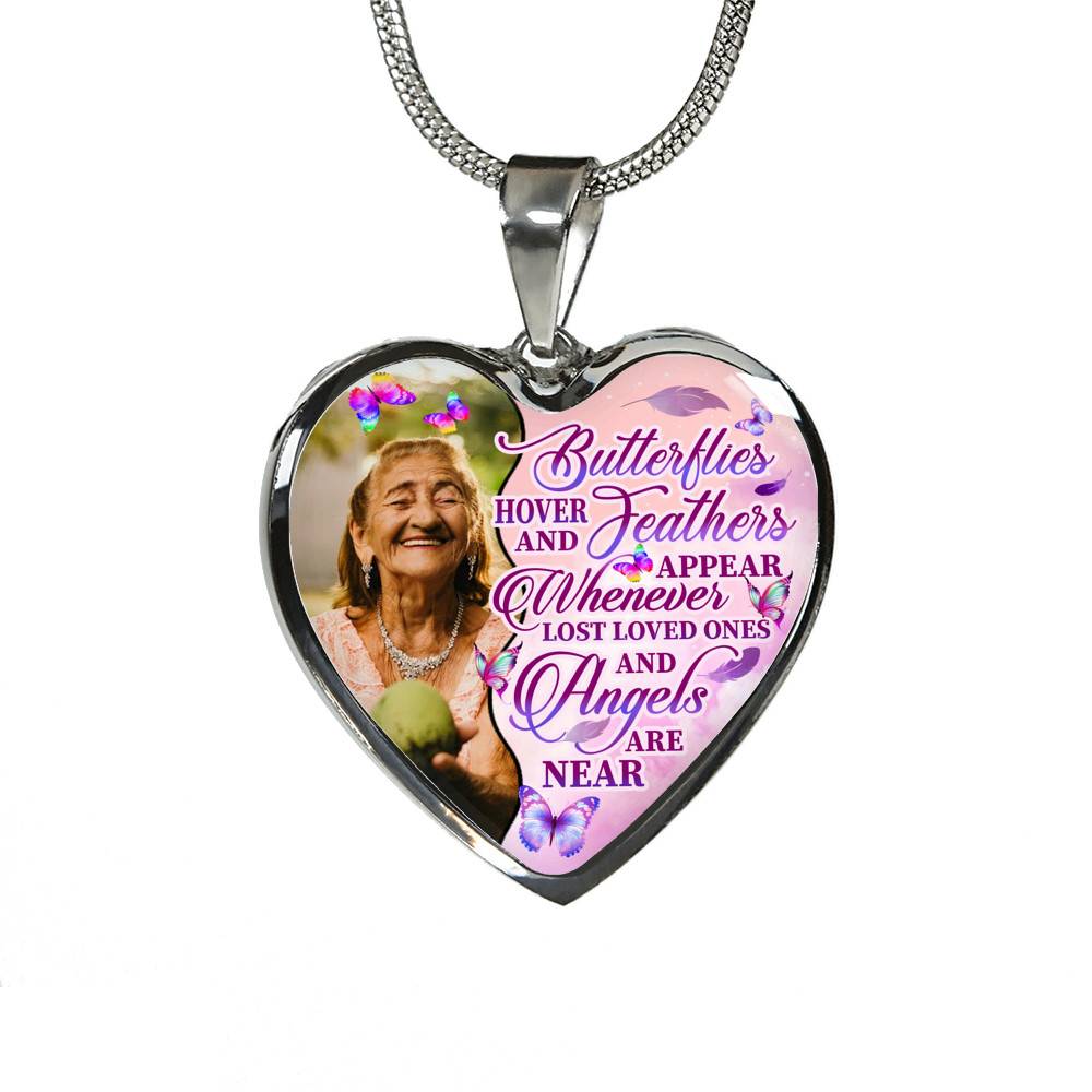 Personalized Photo Butterfly Hover And Feathers Appear Whenever Lost Loved Ones Heart Pendant Necklace