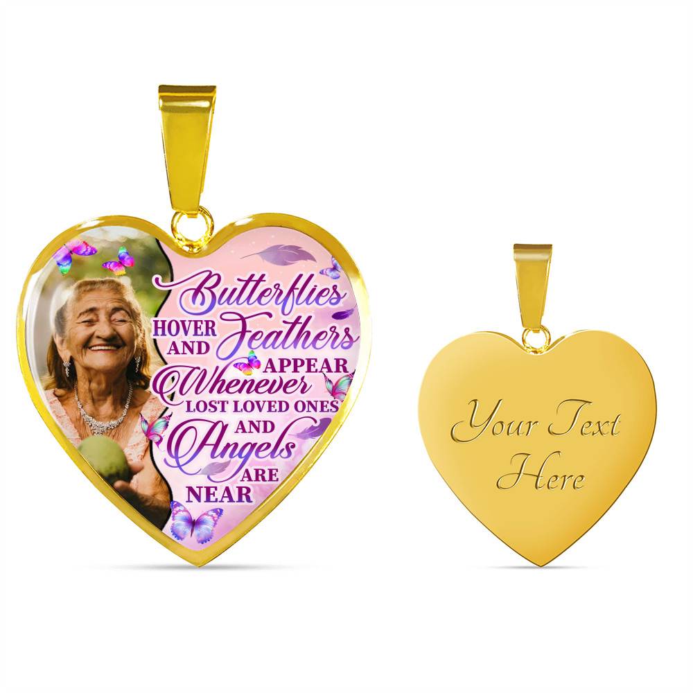 Personalized Photo Butterfly Hover And Feathers Appear Whenever Lost Loved Ones Heart Pendant Necklace