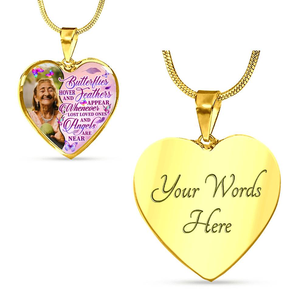 Personalized Photo Butterfly Hover And Feathers Appear Whenever Lost Loved Ones Heart Pendant Necklace