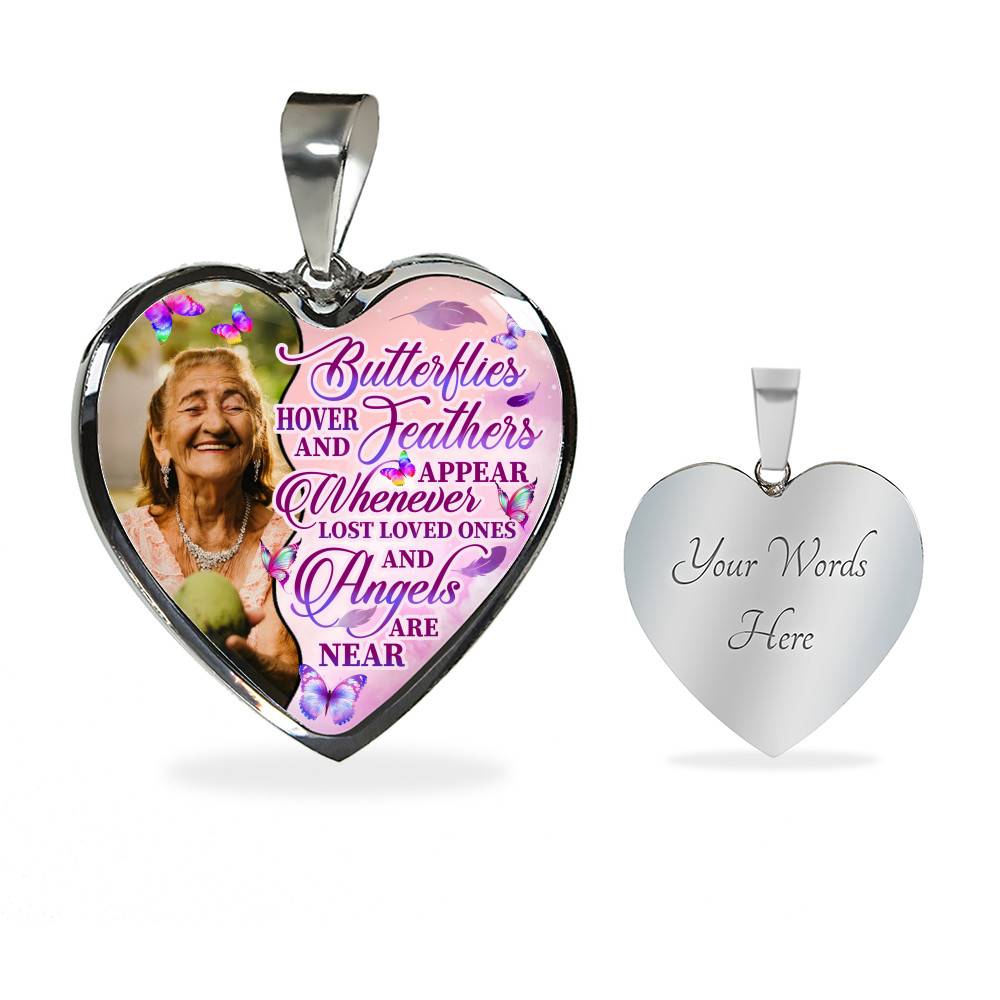 Personalized Photo Butterfly Hover And Feathers Appear Whenever Lost Loved Ones Heart Pendant Necklace