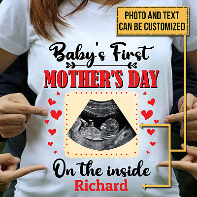 Alternative view of Personalized Photo Baby's First Mother's Day On The Inside Mom To Be T-Shirt - V-Neck - Expecting Mom Gifts