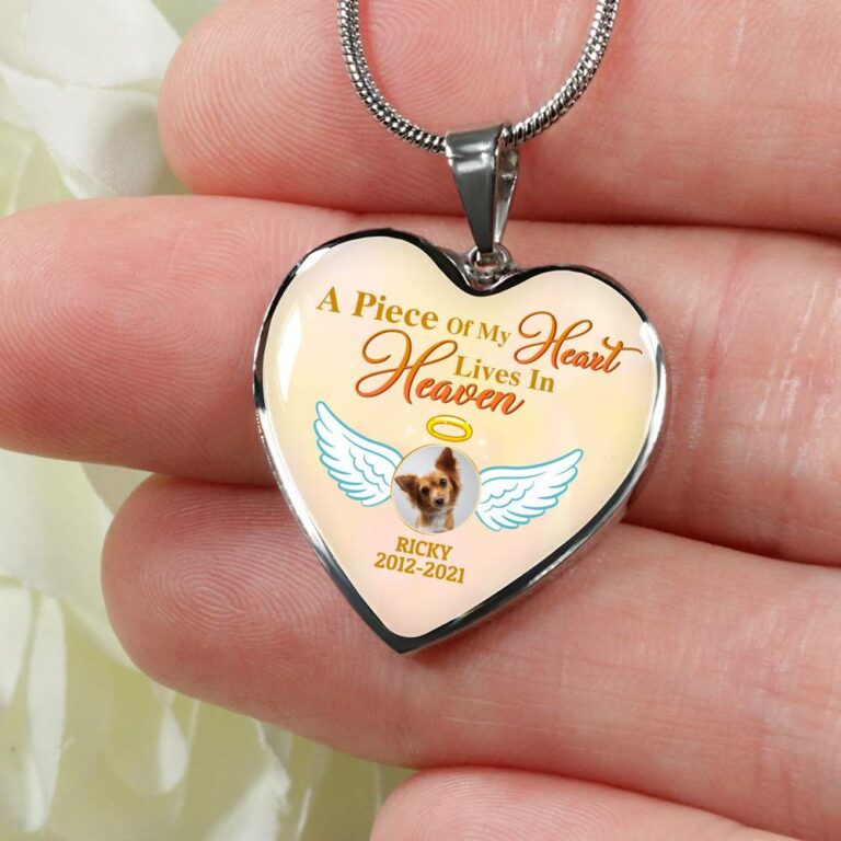 Personalized Photo A Piece Of My Heart Lives In Heaven In Memory Of Puppy Dog Dad Mom Heart Pendant Necklace