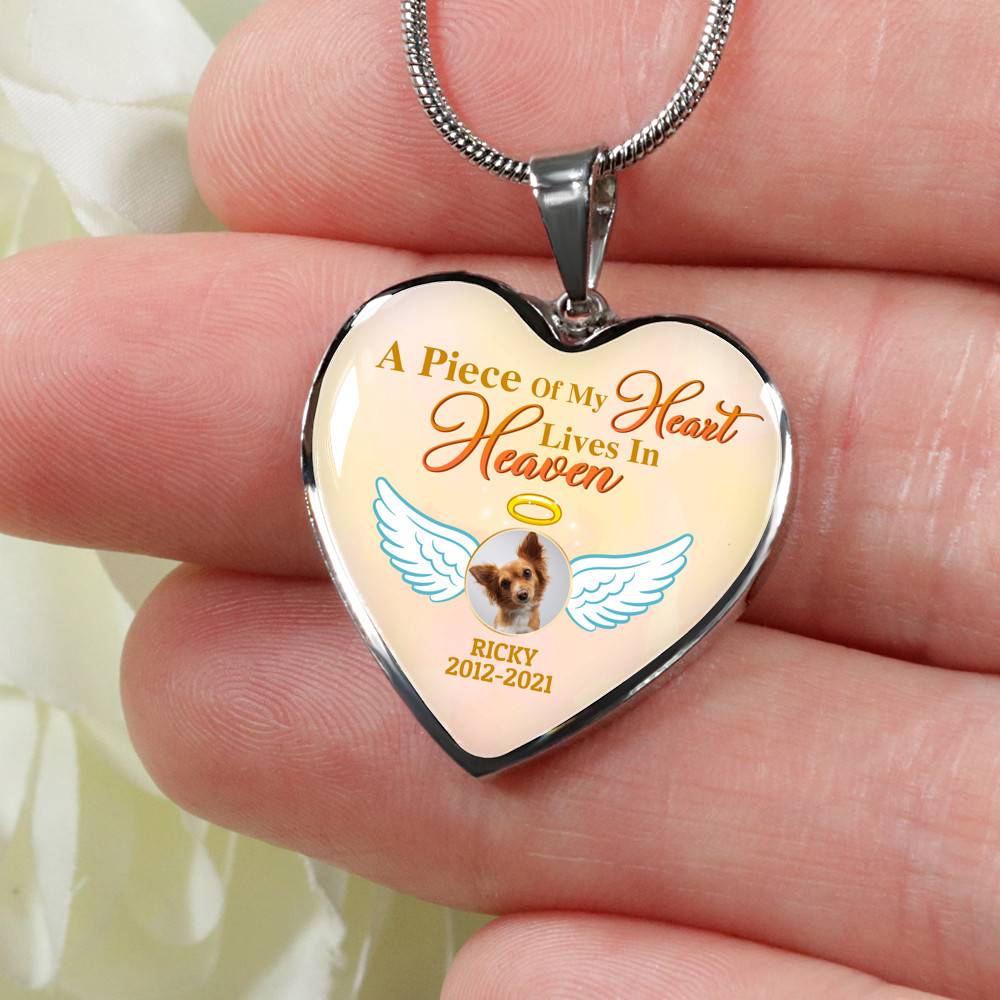 Personalized Photo A Piece Of My Heart Lives In Heaven In Memory Of Puppy Dog Dad Mom Heart Pendant Necklace