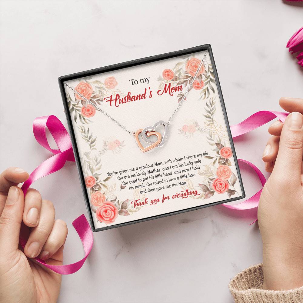 To My Husband's Mom You've Given Me a Gracious Man with Whom I Share My Life Interlocking Hearts Pendant Necklace To My Husband's Mom You've Given Me a Gracious Man with Whom I Share My Life Interlocking Hearts Pendant Necklace