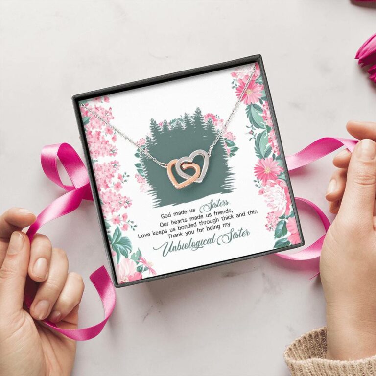 God Made Us Sisters Thank You for Being My Unbiological Sister Interlocking Hearts Pendant Necklace