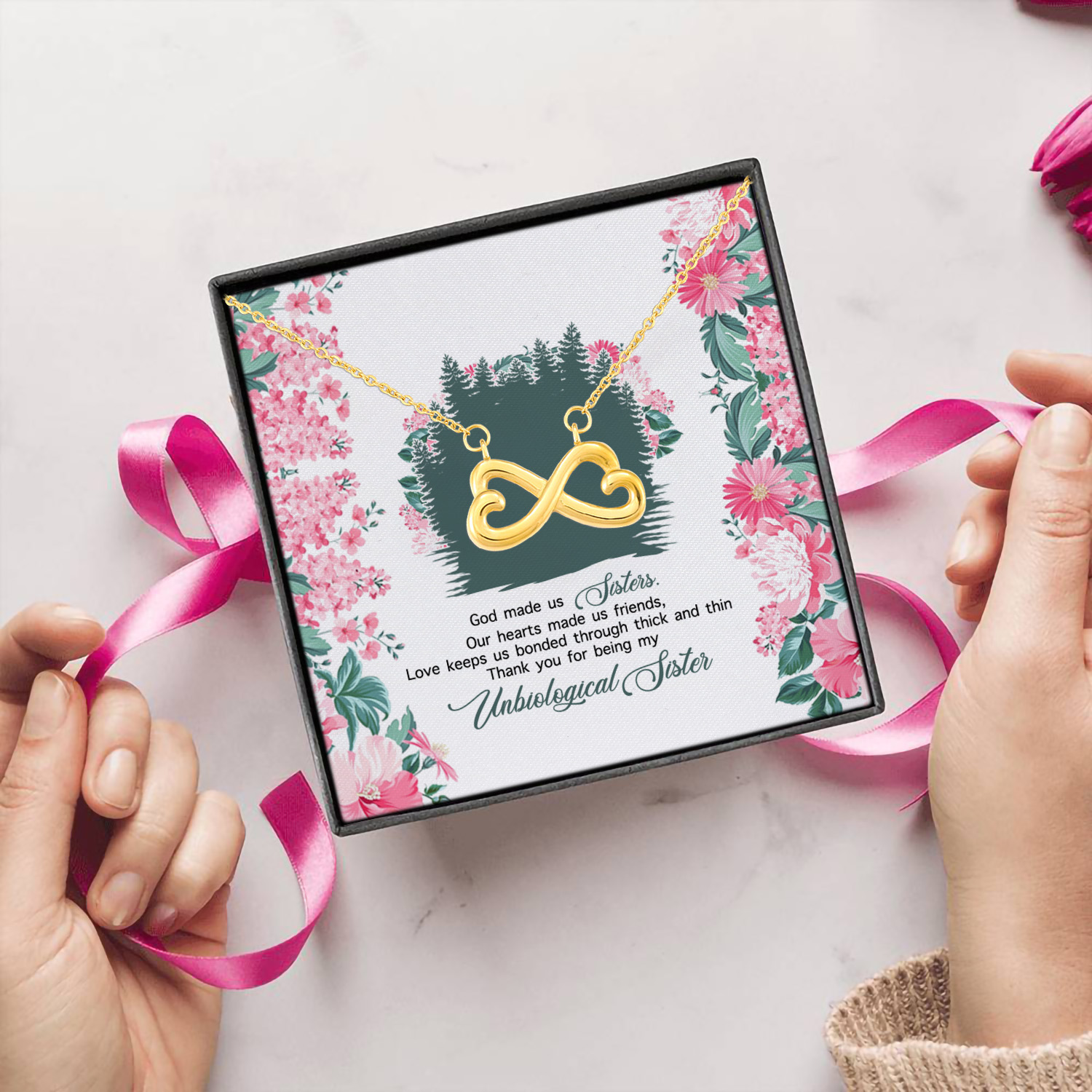 5O. Made Us Sisters Infinity Heart Necklace (Gold) 5