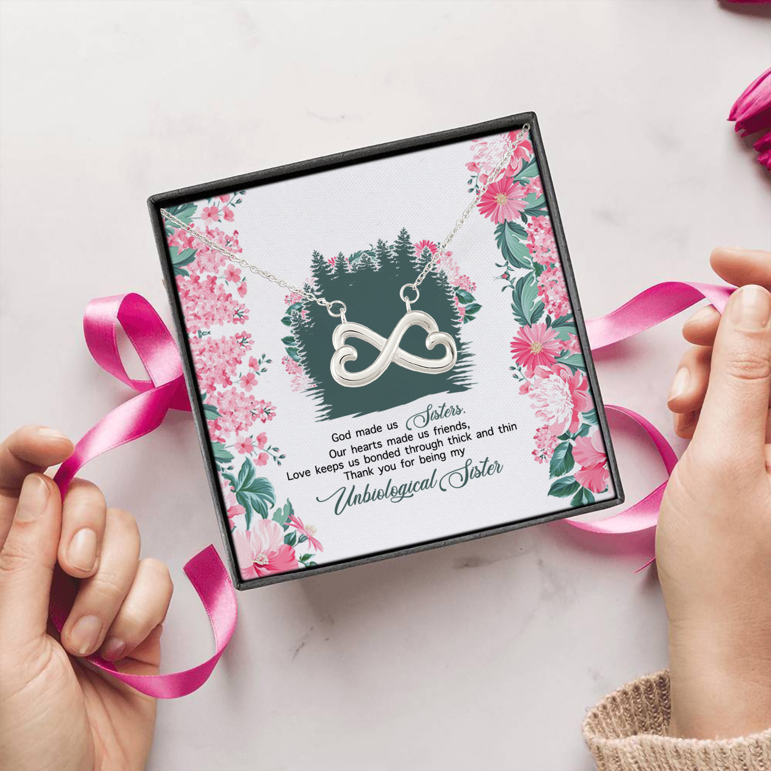 5O. Made Us Sisters Infinity Heart Necklace (Silver) 5