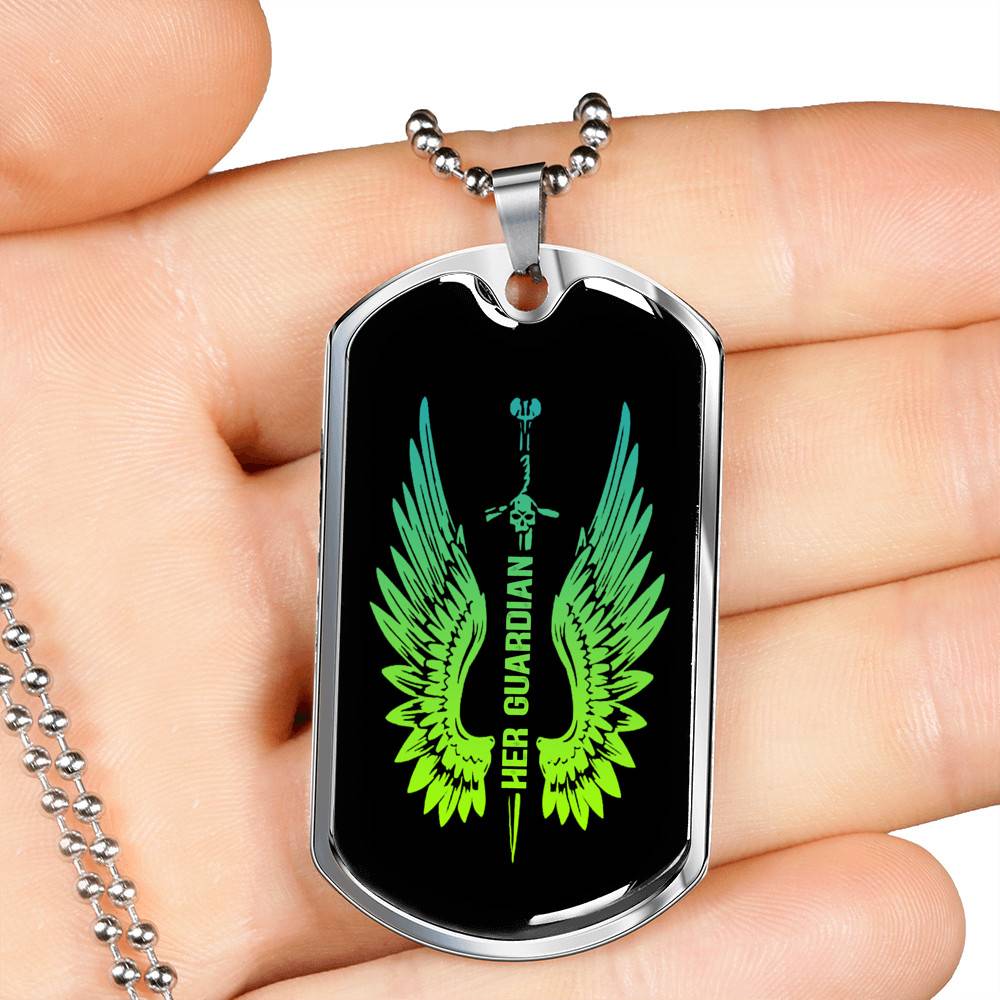 Her Guardian His Angel Wings Sword Couple Dog Tag Necklace Her Guardian His Angel Wings Sword Couple Dog Tag Necklace