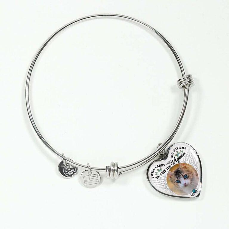 Personalized Custom Photo I Will Carry You With Me Wings Memorial Pet Dog Cat Heart Necklace - Bangle