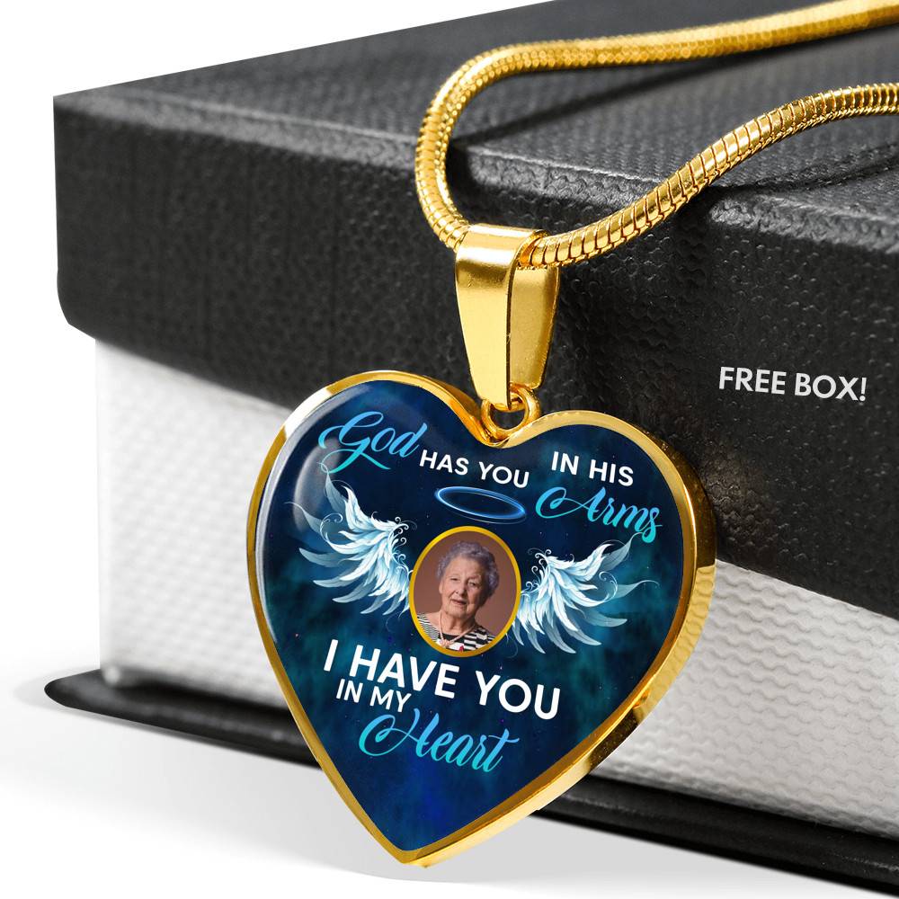 Personalized Custom Photo Memorial God Has You In His Arms I Have You In My Heart Heart Necklace - Bangle