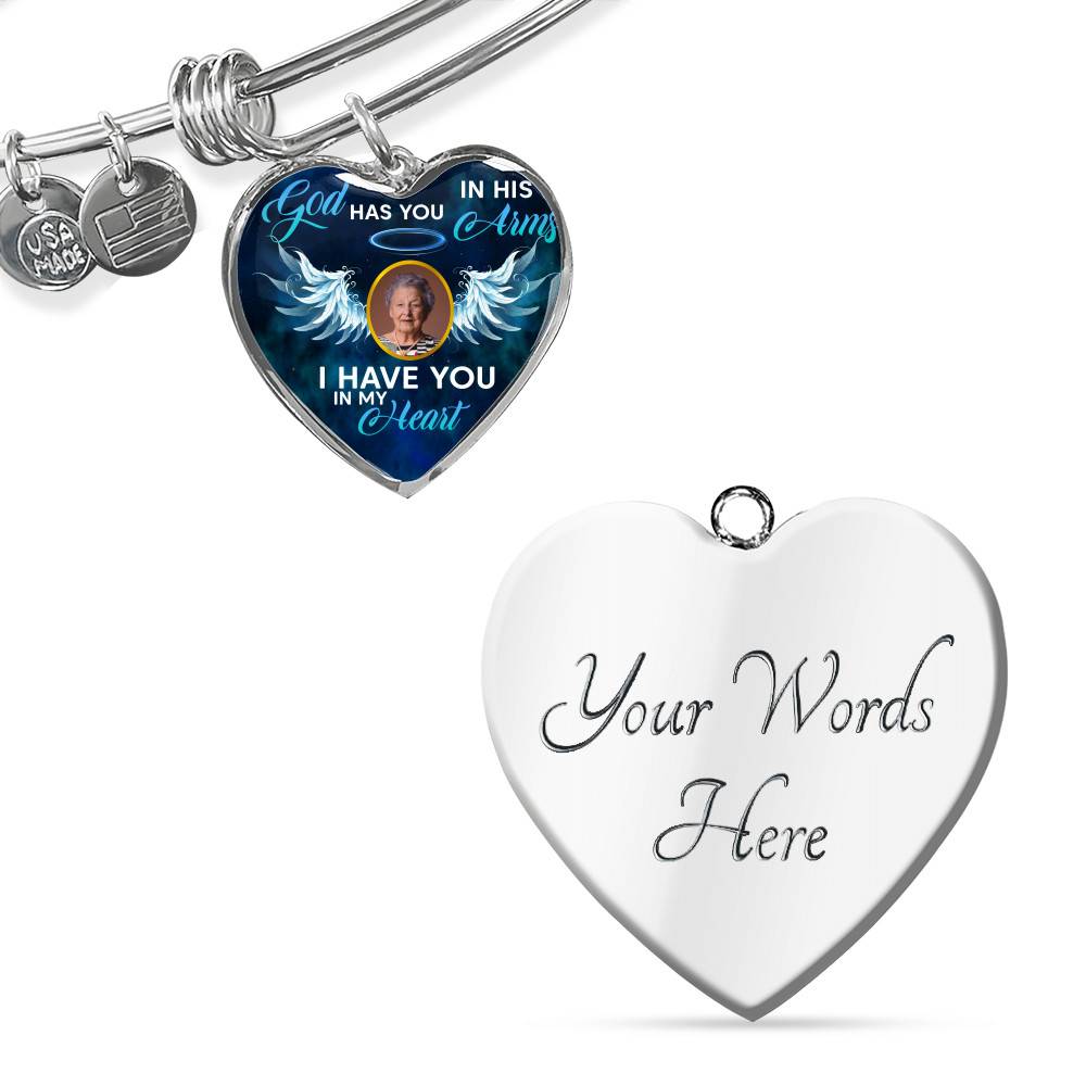 Personalized Custom Photo Memorial God Has You In His Arms I Have You In My Heart Heart Necklace - Bangle