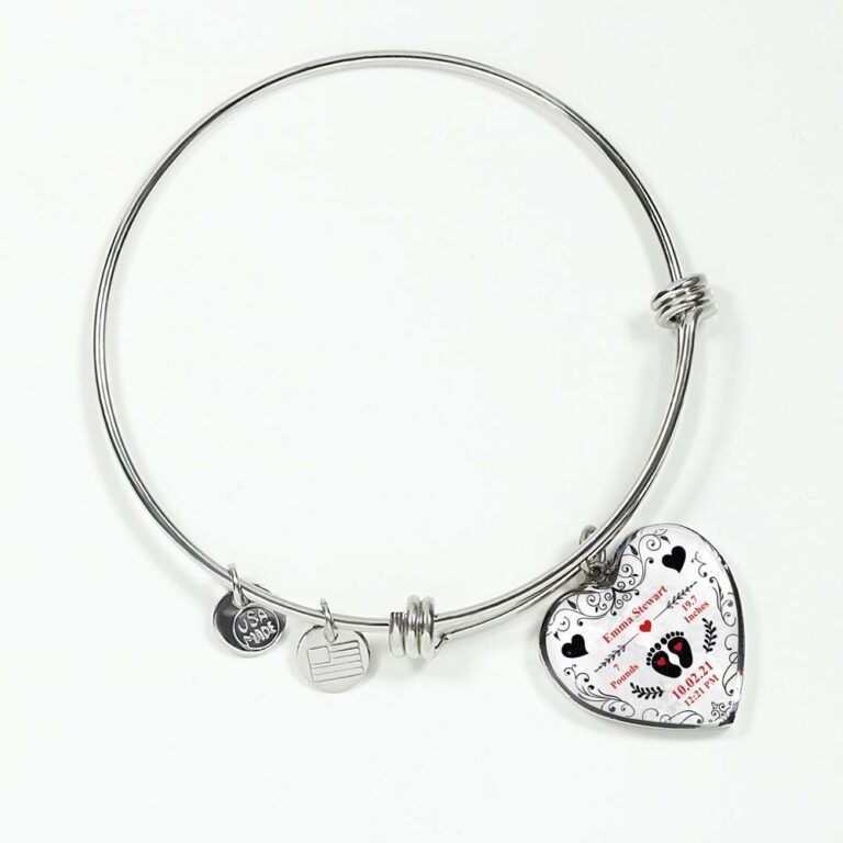 Personalized Baby Stats Heart Pendant Necklace - Bangle - Birth Announcement Gift